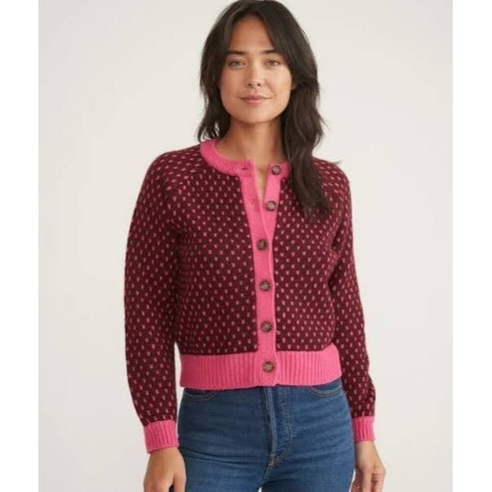 Marine Layer XS Pink Burgundy Geometric Knit Button Front Crew Neck Cardigan